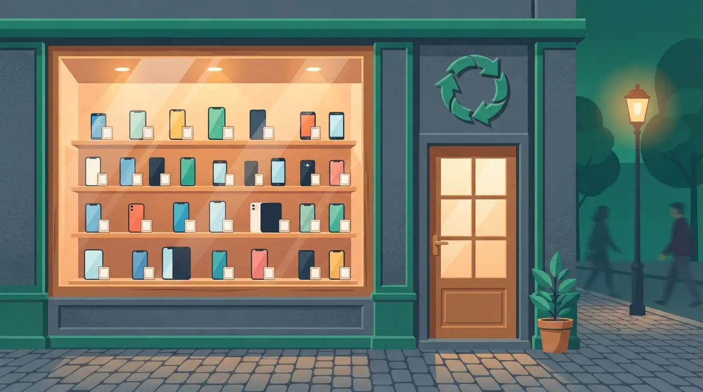 Vitrine de boutique de smartphones reconditionnés éclairée le soir dans une rue