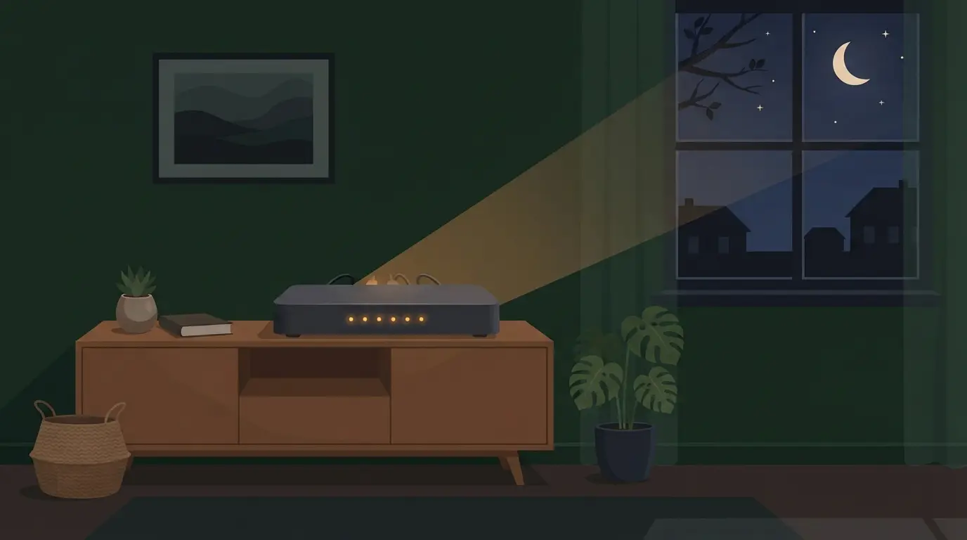 Box internet avec voyants lumineux sur un meuble du salon, la nuit