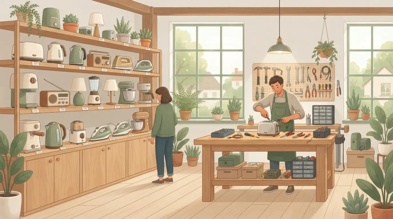 Atelier de réparation d'électroménager avec appareils rénovés alignés en magasin solidaire