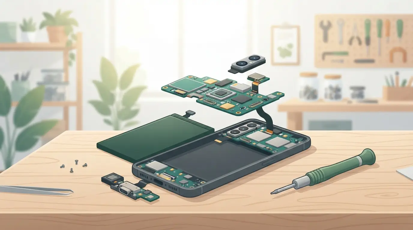 Smartphone modulaire ouvert montrant ses composants remplaçables, tournevis à côté