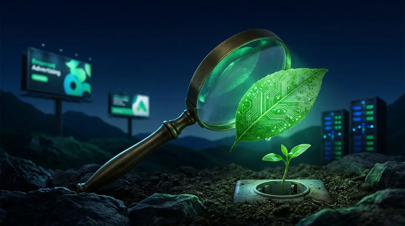 Loupe révélant des circuits imprimés sous une feuille verte, devant des panneaux publicitaires et des serveurs