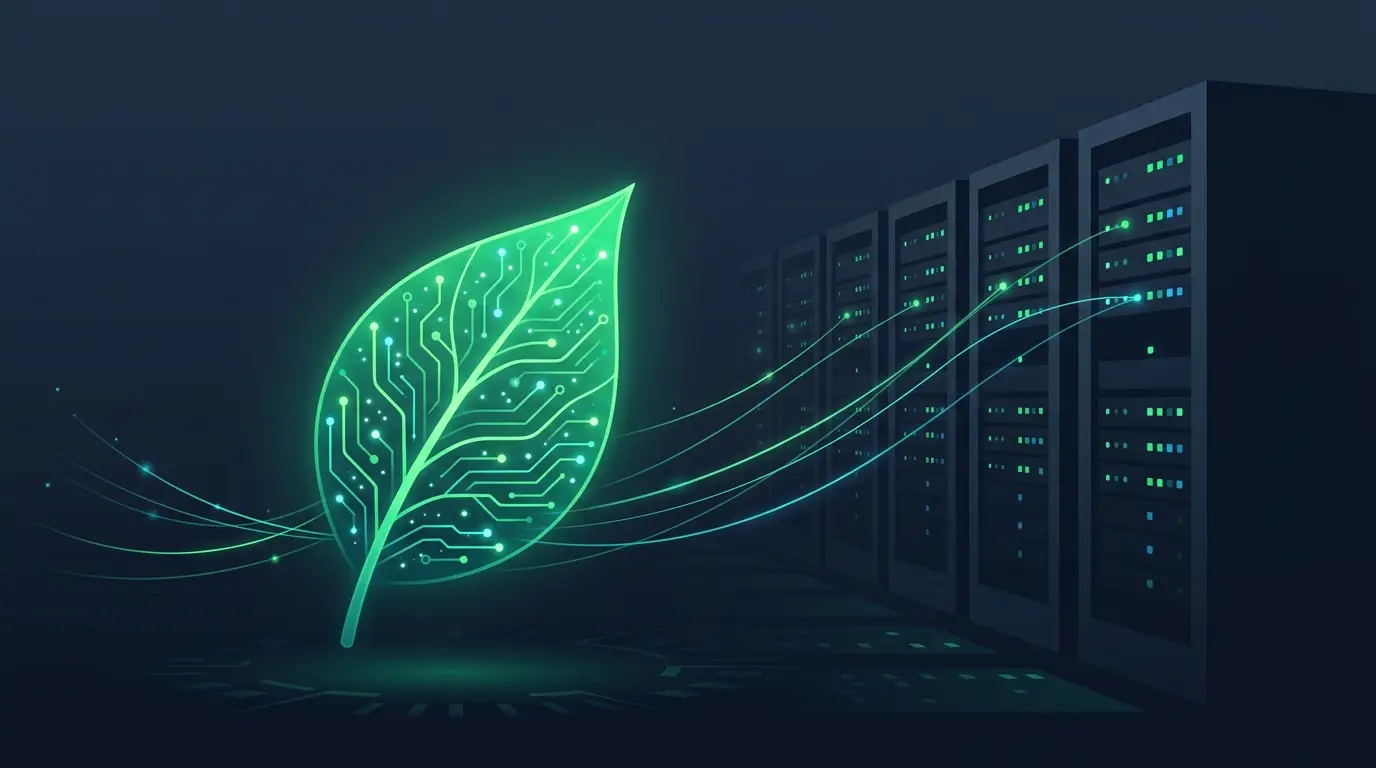 Feuille verte luminescente aux nervures en circuits imprimés devant des baies de serveurs