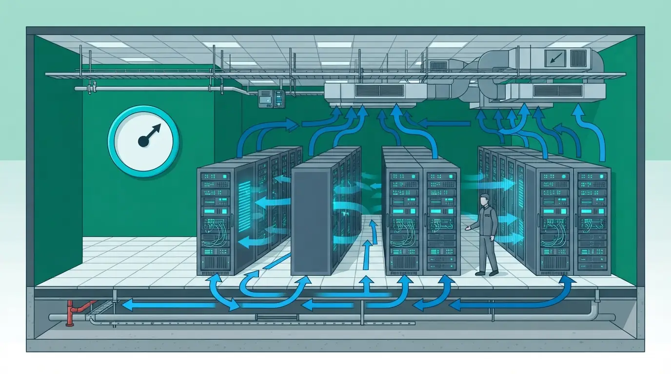 Salle de datacenter en coupe avec flux d’air de refroidissement et cadran de mesure