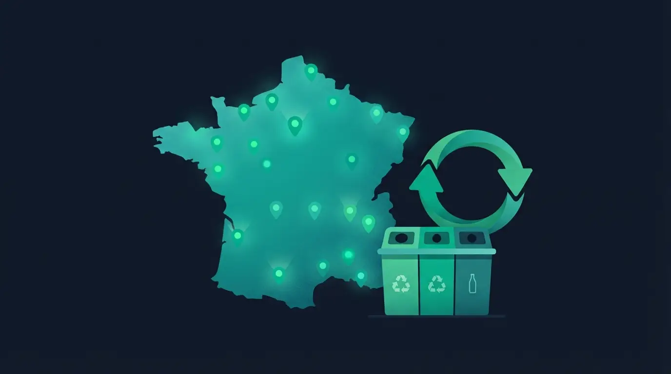 Carte de France parsemée de points de collecte lumineux avec des bacs de tri