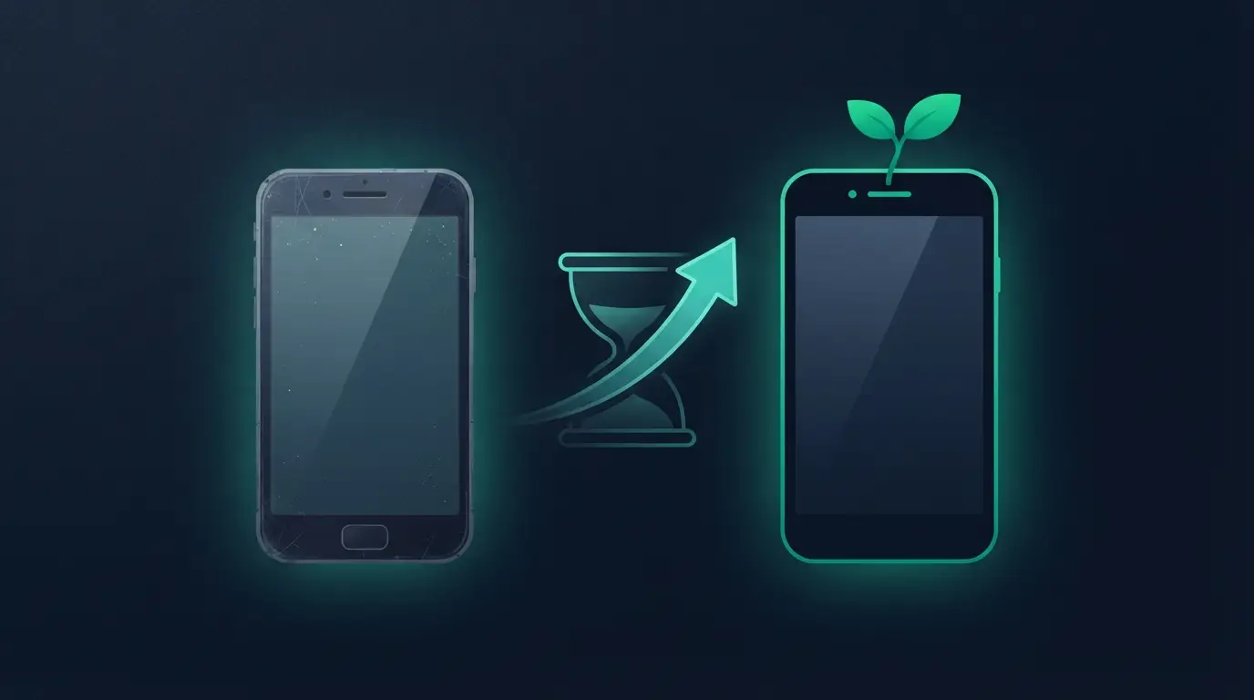 Deux smartphones, l'un usé et l'autre conservé avec une pousse verte, séparés par un sablier