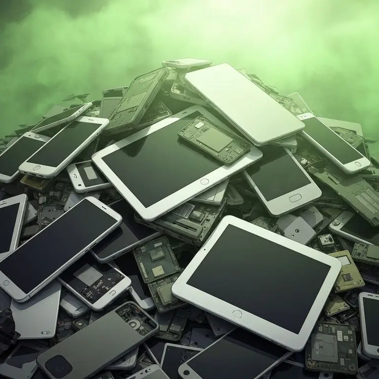 Impact des déchets électroniques - pile de smartphones et tablettes usagés montrant l'accumulation d'e-déchets