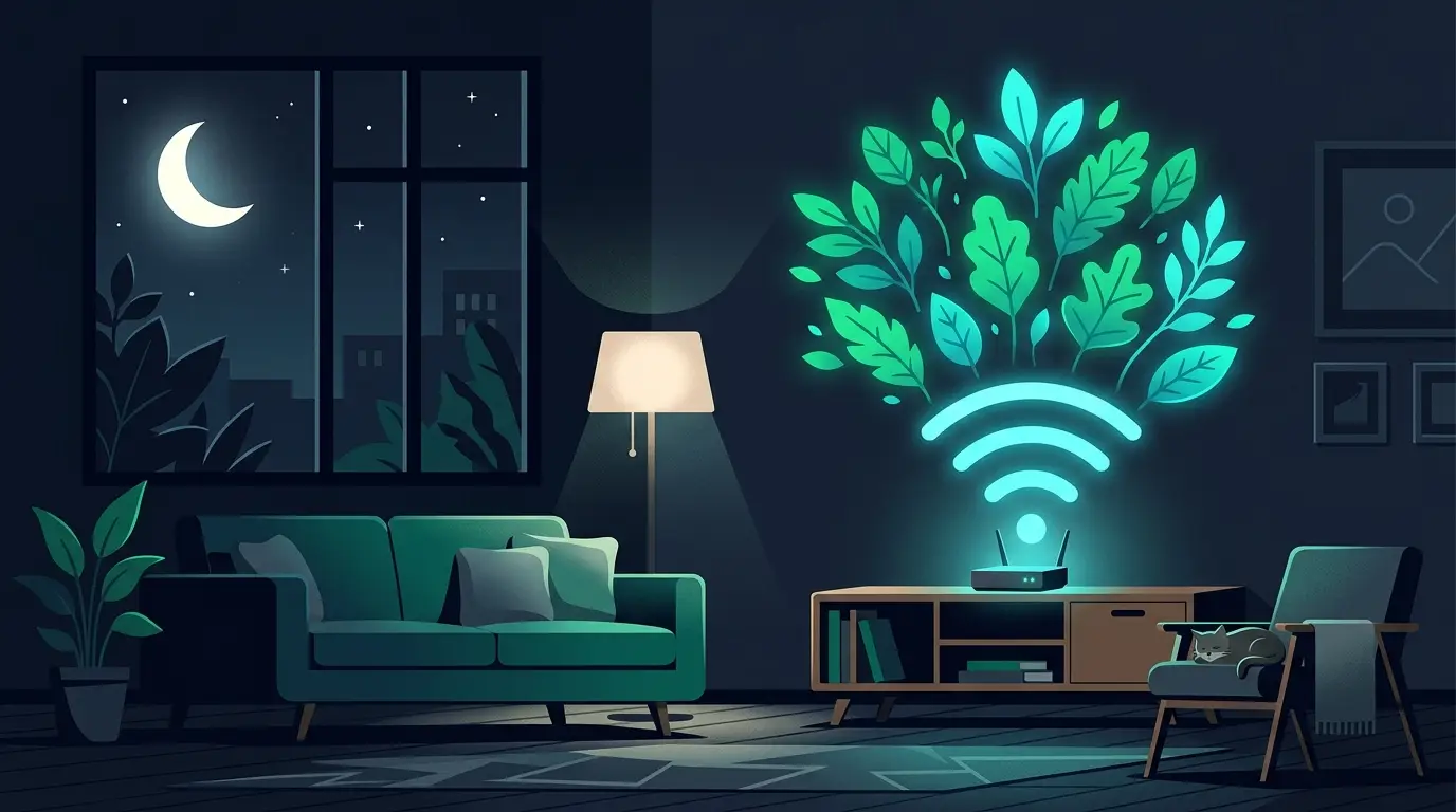 Box internet posée sur un meuble du salon, voyants lumineux allumés