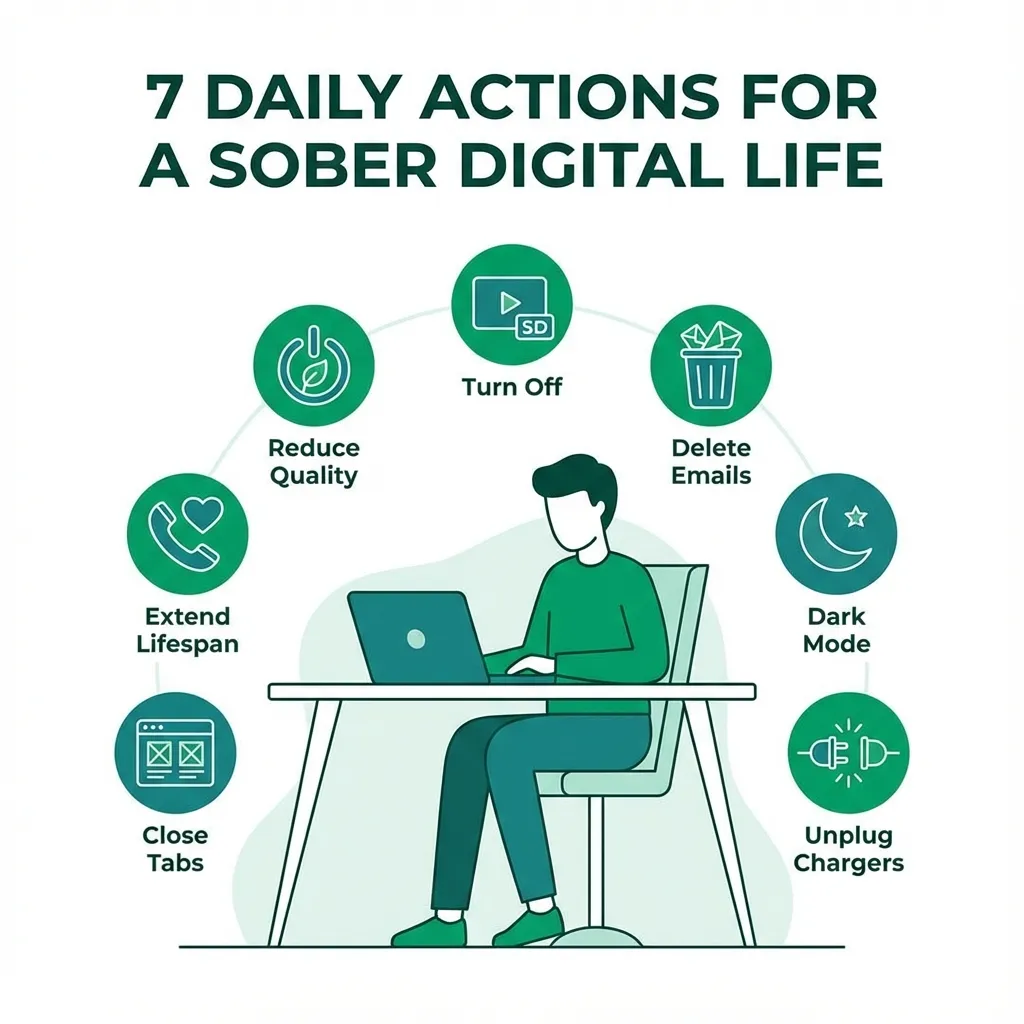 Illustration de 7 gestes quotidiens pour un numérique sobre : Actions simples à mettre en place dès aujourd'hui