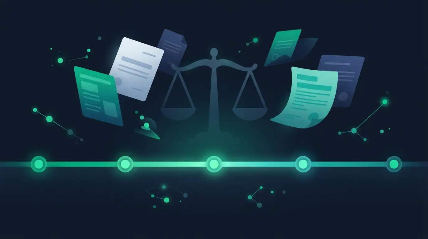 Frise chronologique avec balance de justice et documents officiels