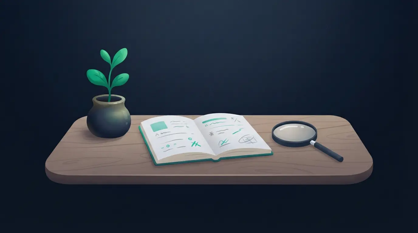 Bureau avec pousse en pot, carnet ouvert et loupe