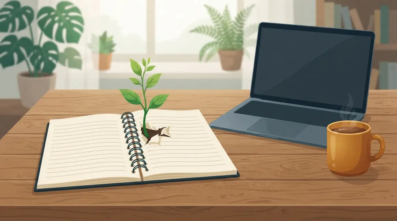 Carnet ouvert d'où pousse une jeune plante, avec ordinateur portable à côté