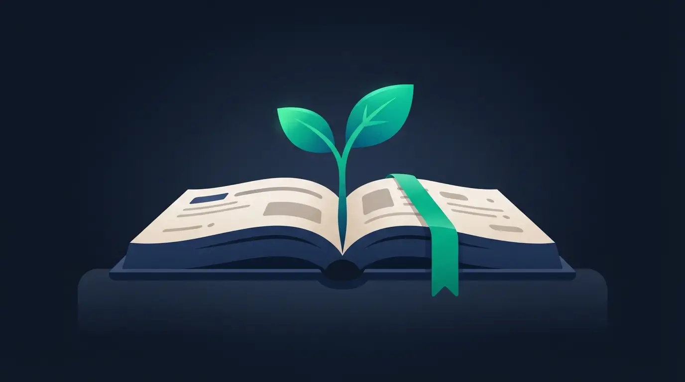 Pousse verte sortant des pages d'un guide ouvert