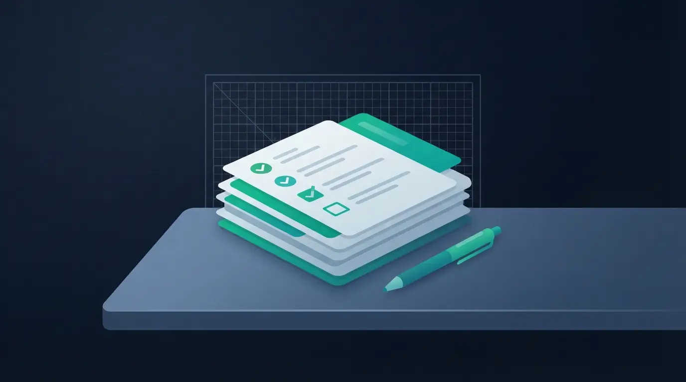 Pile de documents avec cases cochées et stylo