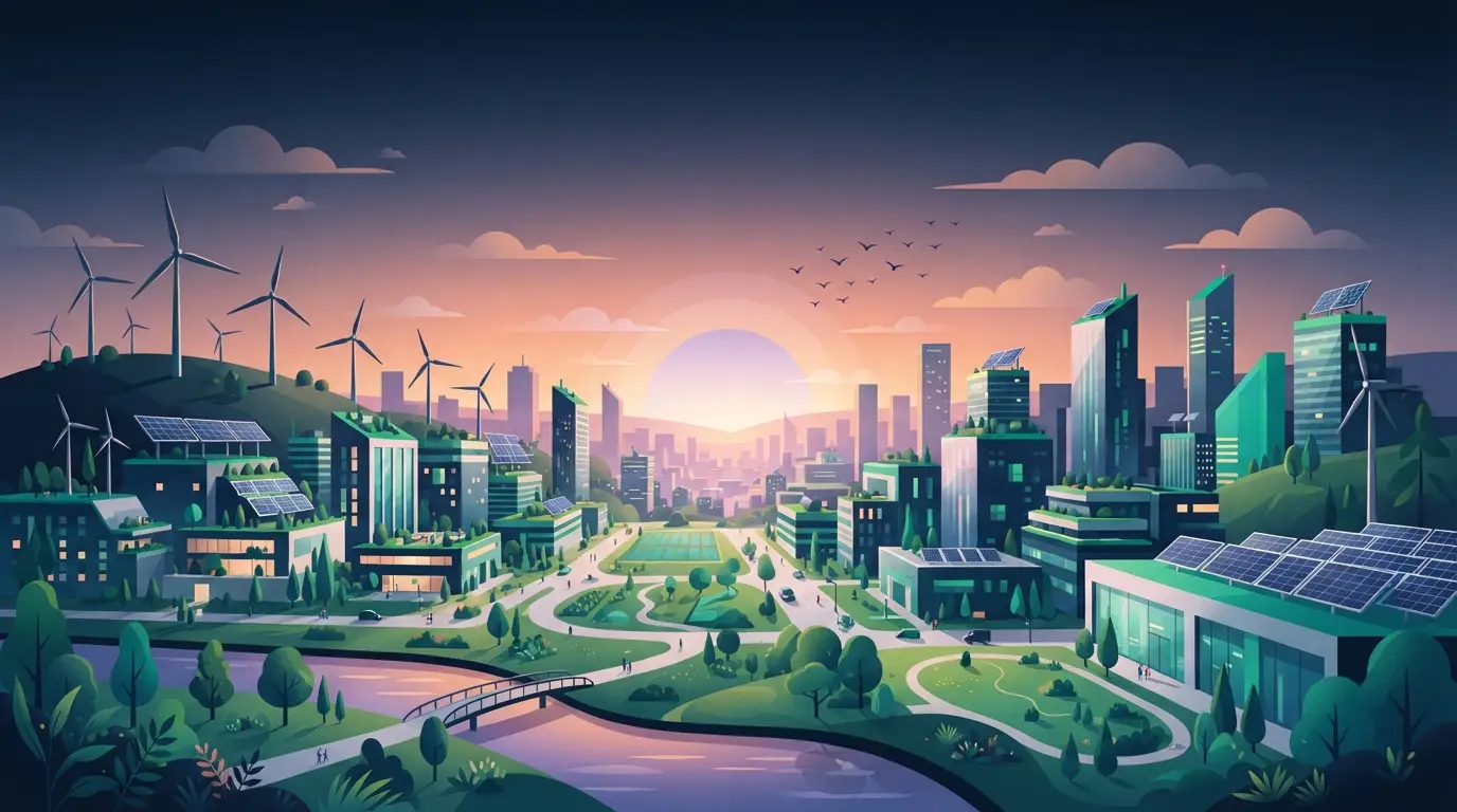 Lever de soleil sur une ville verte avec éoliennes et panneaux solaires