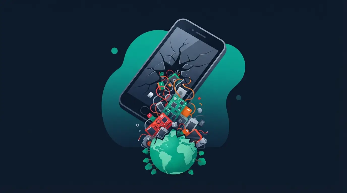 Smartphone fissuré déversant des déchets électroniques sur une planète fragile
