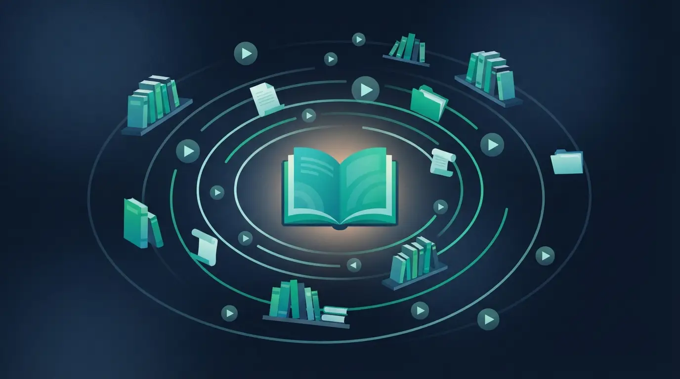 Livre ouvert rayonnant au milieu d'étagères et de documents