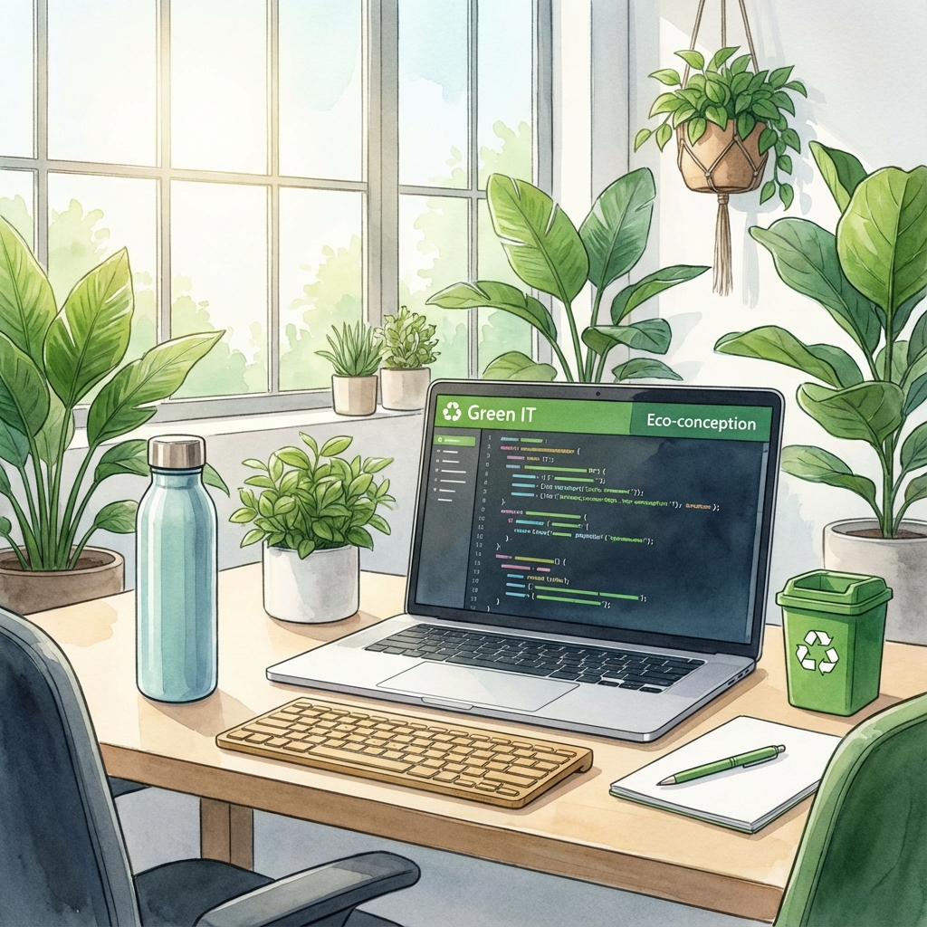 Développeur travaillant sur du code éco-responsable dans un environnement de travail durable avec plantes vertes, éclairage naturel, et écran affichant du code optimisé pour la performance énergétique