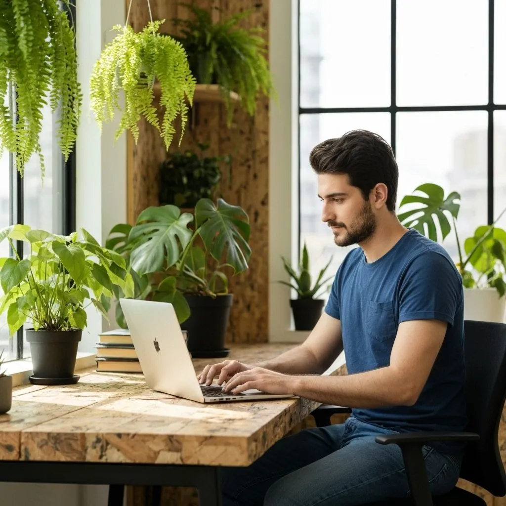Développeur travaillant sur du code éco-responsable dans un environnement de travail durable avec plantes vertes, éclairage naturel, et écran affichant du code optimisé pour la performance énergétique